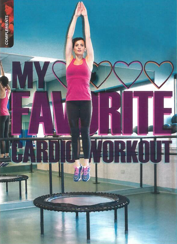 Metaphysical Pilates founder, Gloria Santiago, jumping on small trampoline in article, My Favorite Cardio Workout