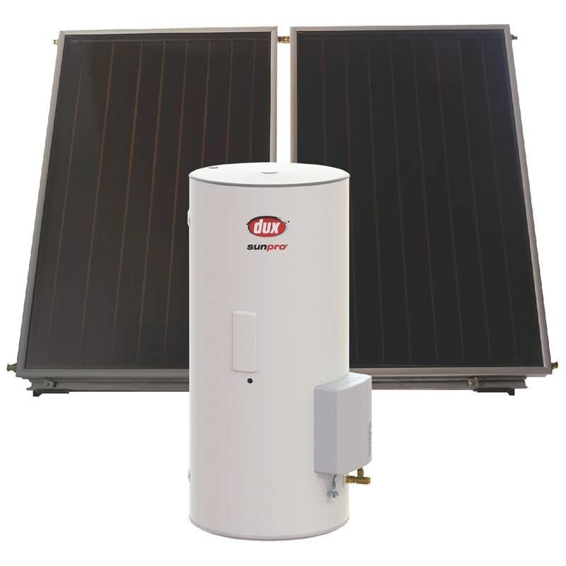 Solar water heater with two black panels and a white storage tank on a white background Solar water heater with two black panels and a white storage tank on a white background