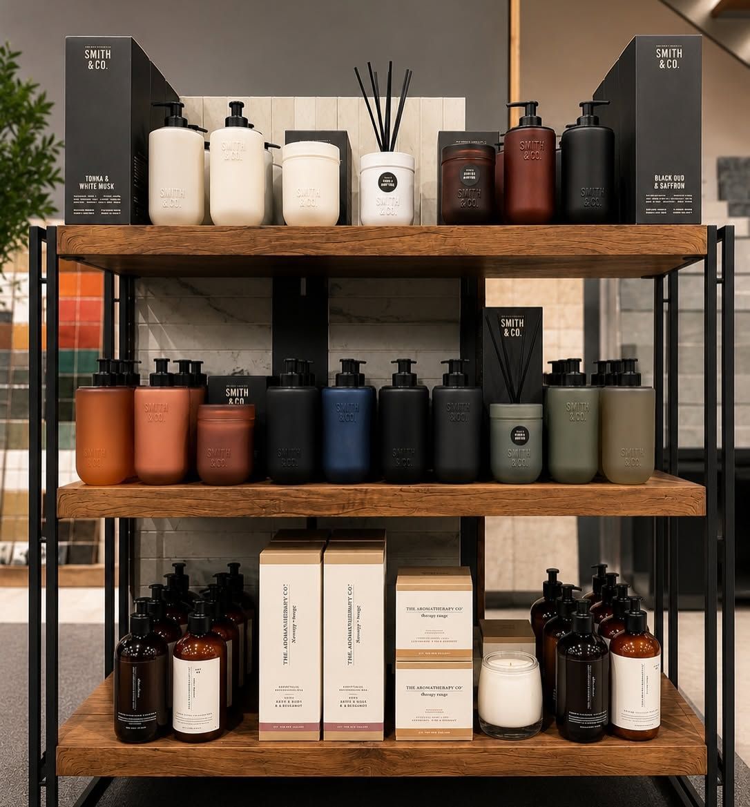 Wooden shelf displaying assorted skincare bottles, jars, and boxes in neutral tones
