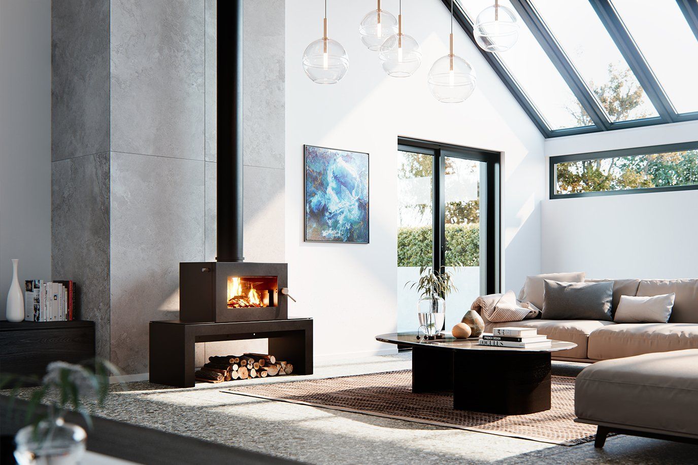Modern living room with a wood stove, large windows, sectional sofa, and skylights