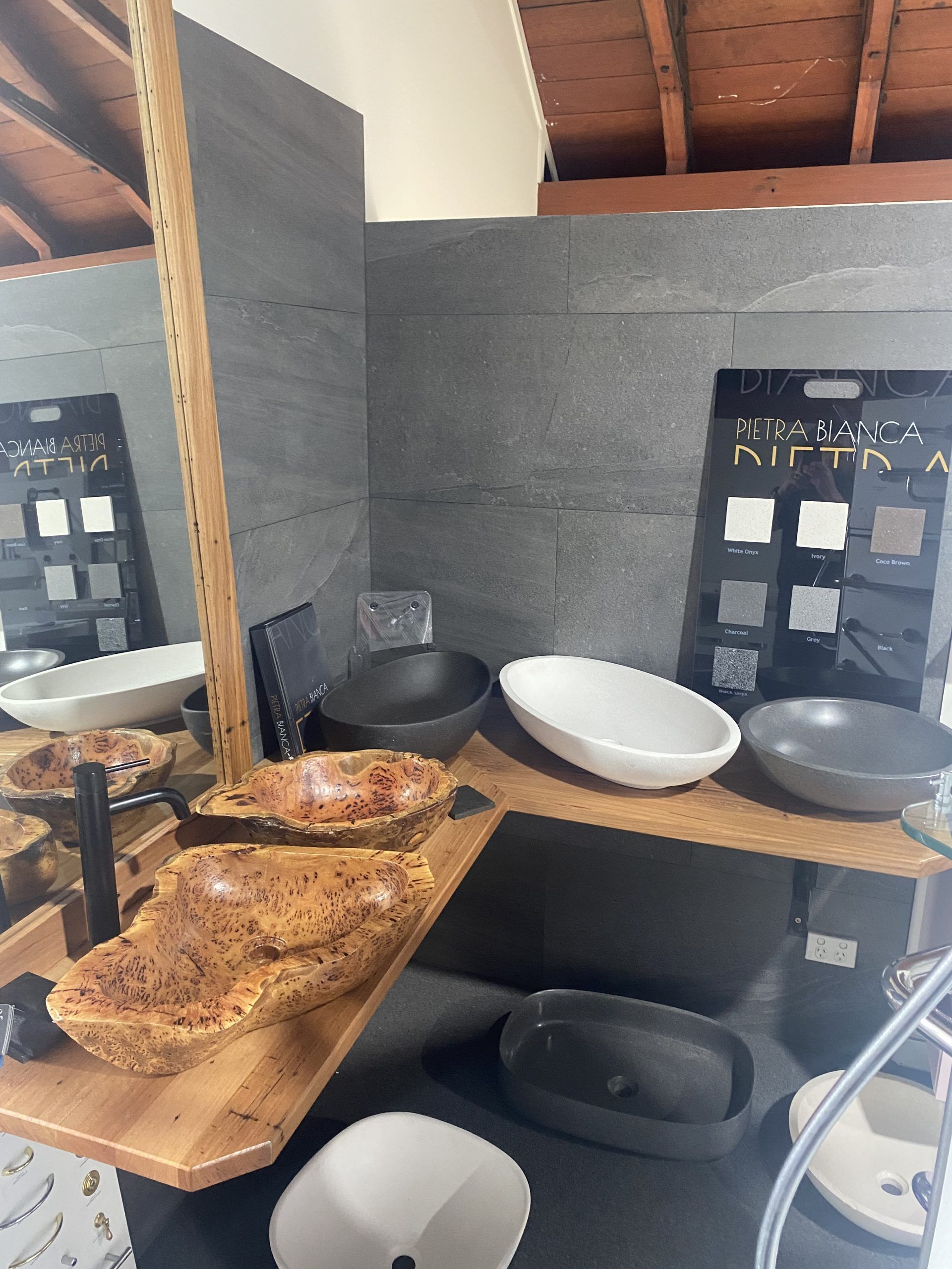 Shelves with bowls and plates in a kitchen or dish storage area