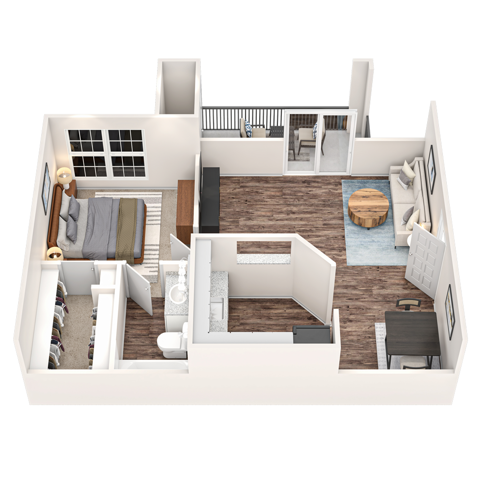 3D floor plan of a small apartment with bedroom, bathroom, living area, and kitchen-dining space