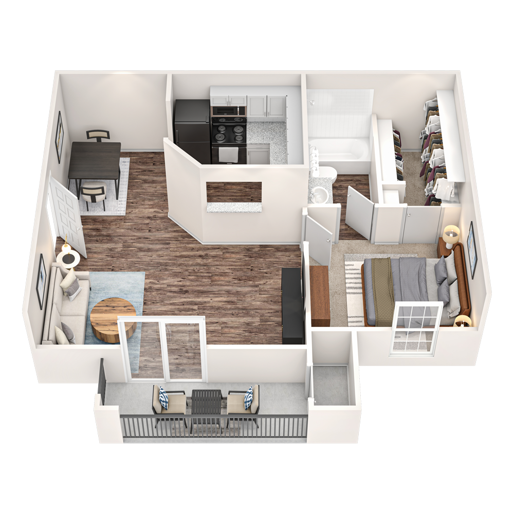 3D floor plan of a small apartment with open living area, kitchen, bedroom, bathroom, and balcony