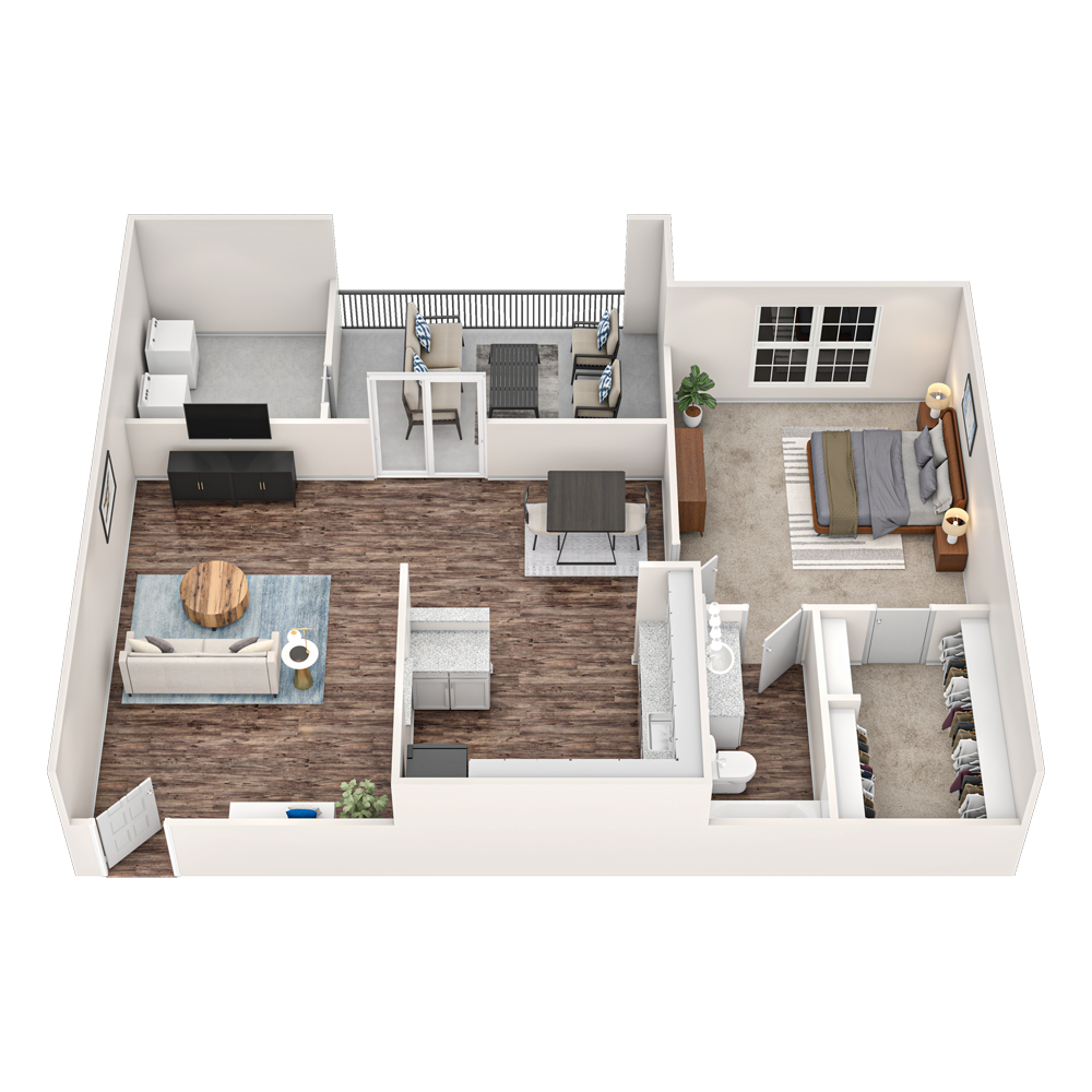 3D floor plan of a small apartment with living room, kitchen, bedroom, bathroom, and balcony area