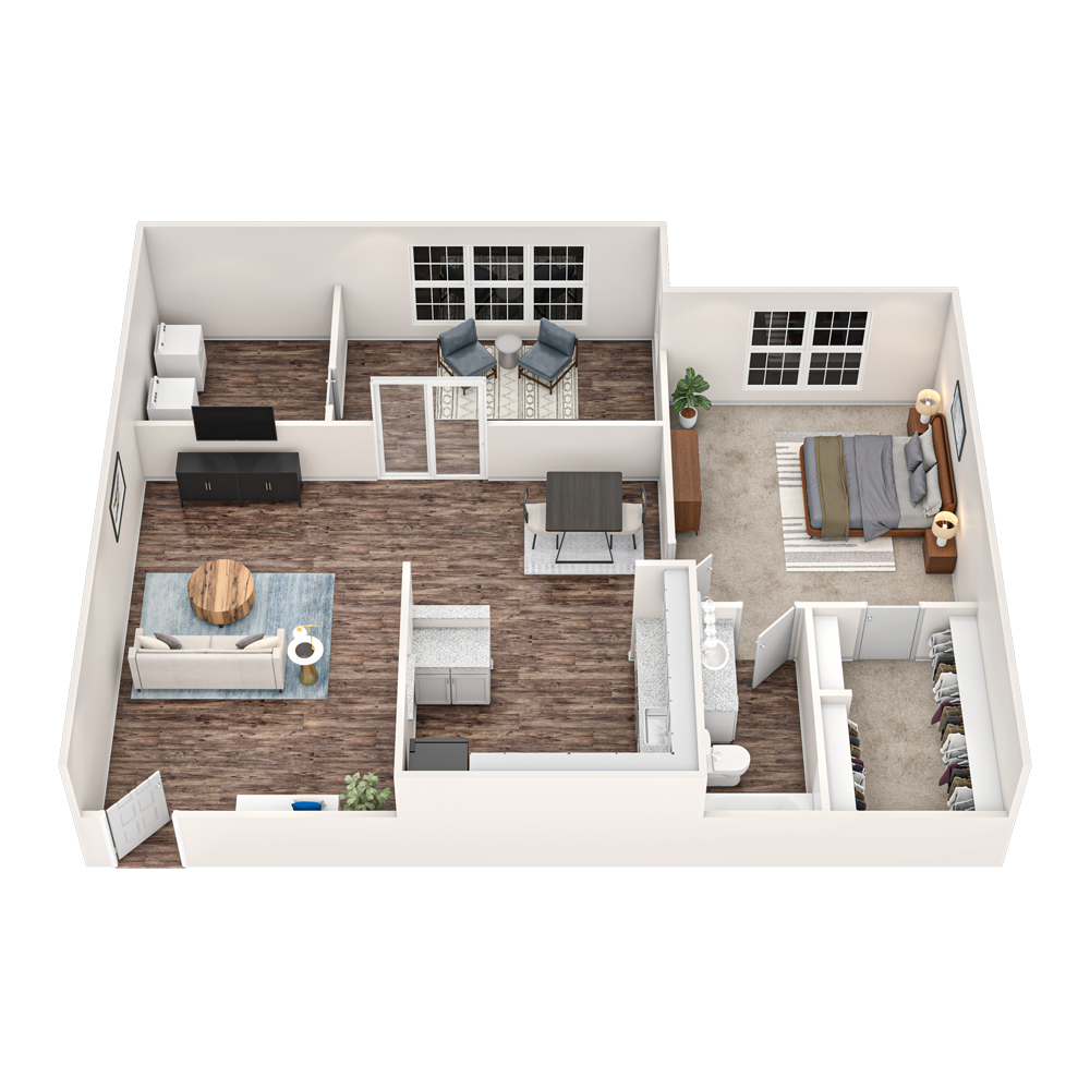 3D floor plan of a modern apartment with open living area, kitchen, bedroom, bathroom, and wood floors