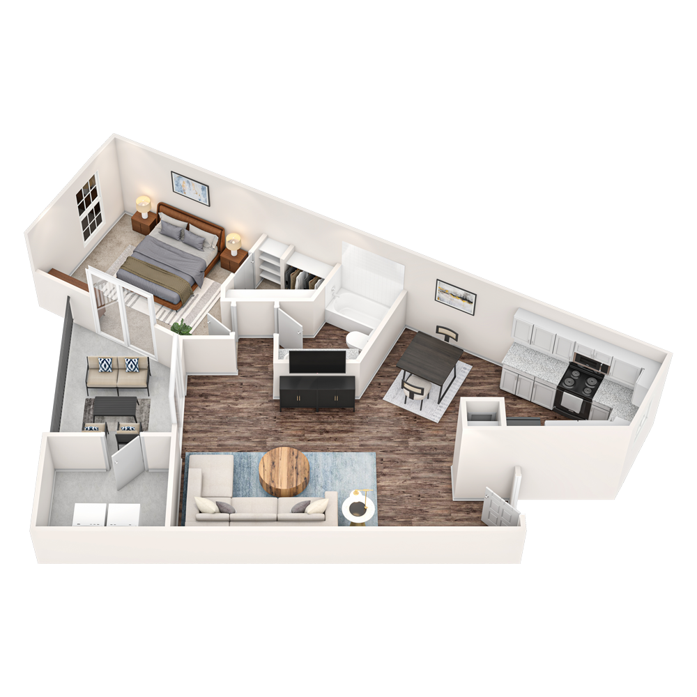Top-down 3D floor plan of a small apartment with bedroom, living room, kitchen, and bathroom.