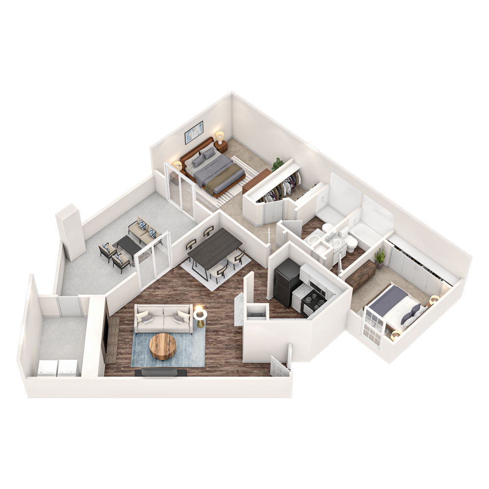 3D floor plan of a modern apartment with open living room, kitchen, bedroom, bathroom, and balcony