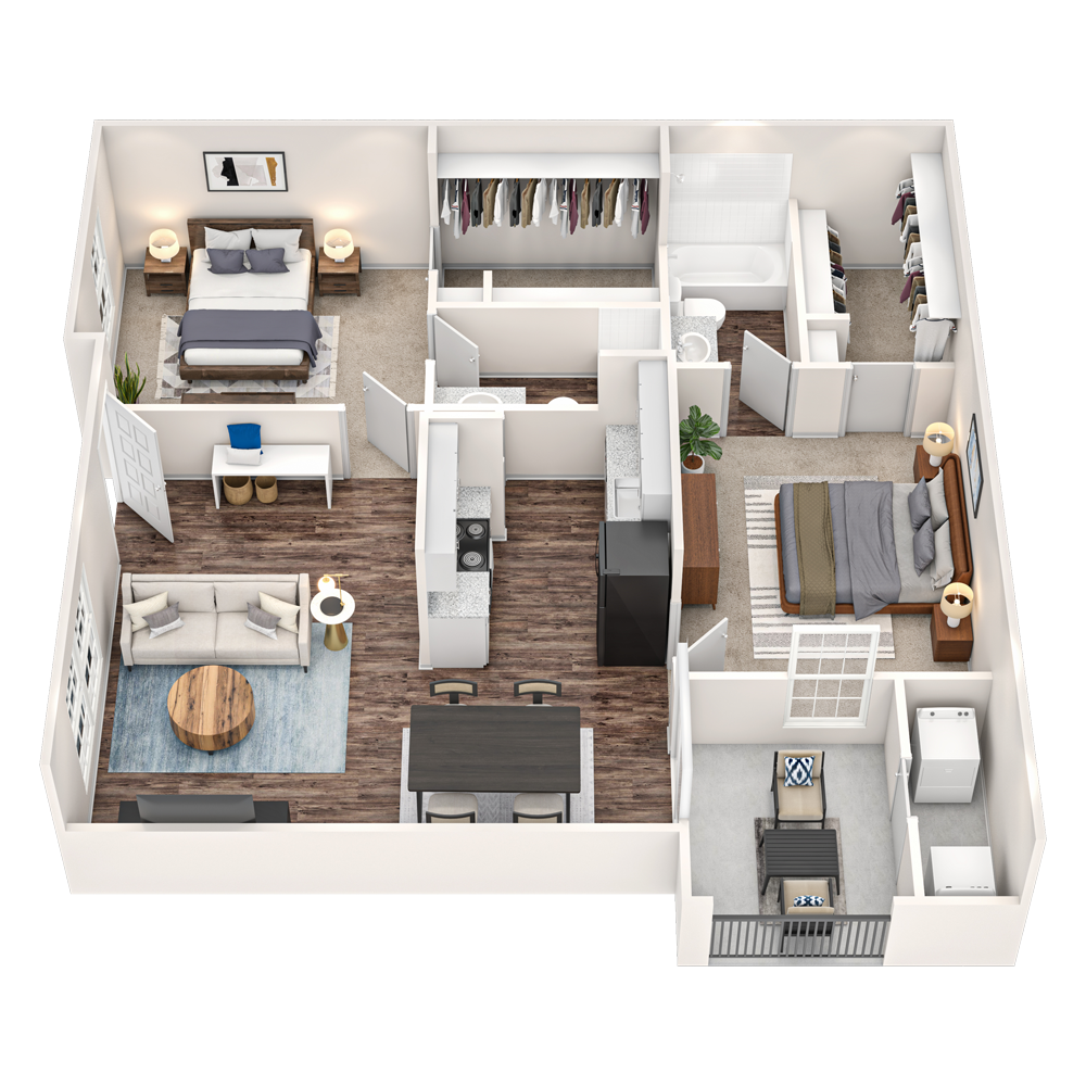 3D floor plan of a compact two-bedroom apartment with living room, kitchen, bathroom, and balcony