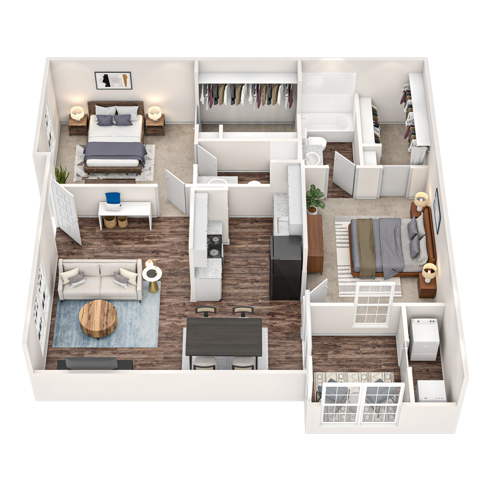3D floor plan of a modern apartment with bedroom, bathroom, kitchen, and living area, shown in white and gray.