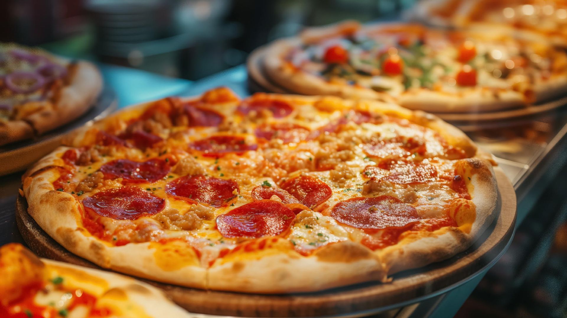 Pizza al pepperoni su un tagliere di legno con altre pizze sullo sfondo.