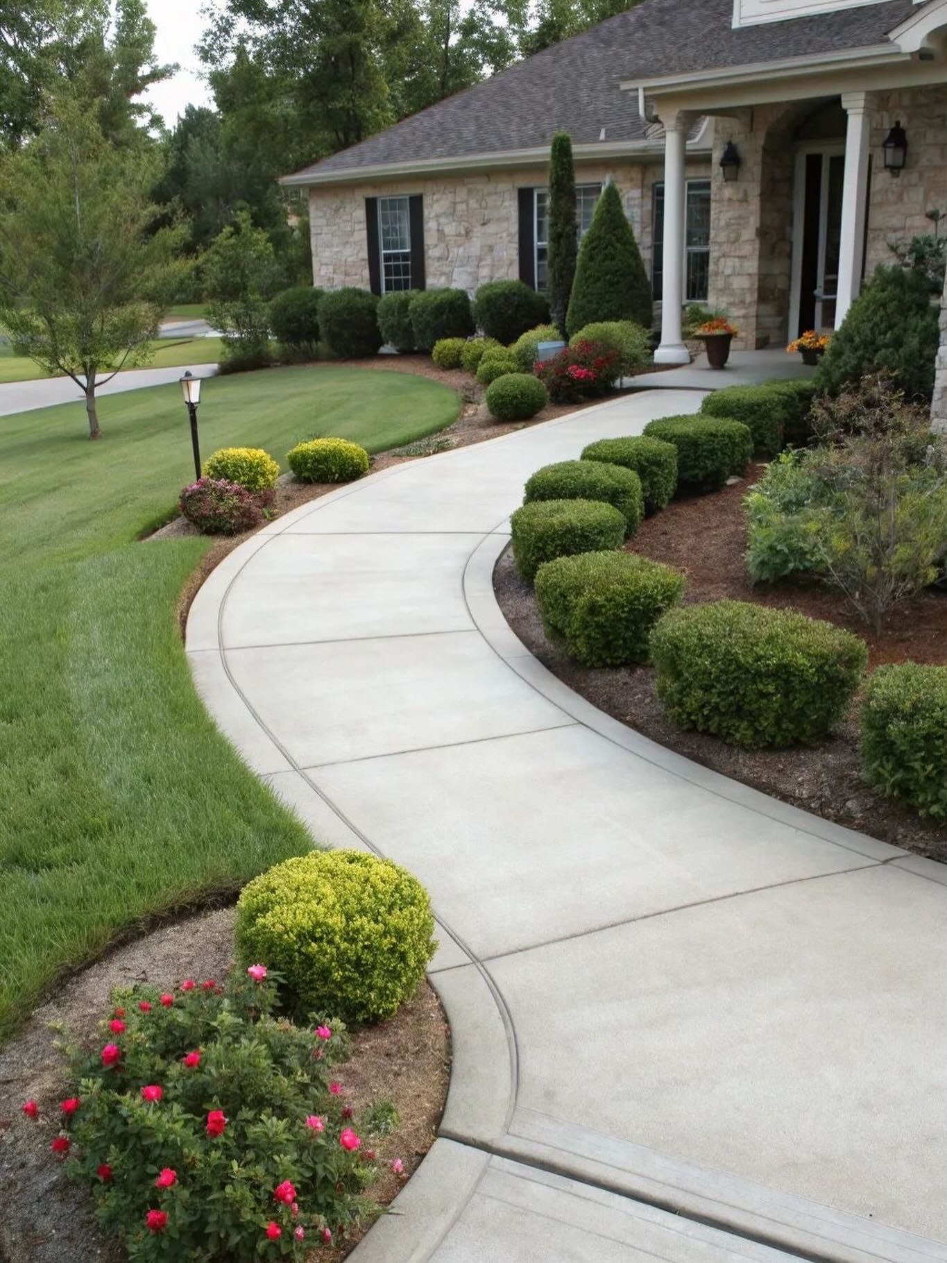 Curved concrete walkway through landscaped front yard leading to a stone house with shrubs and flowers