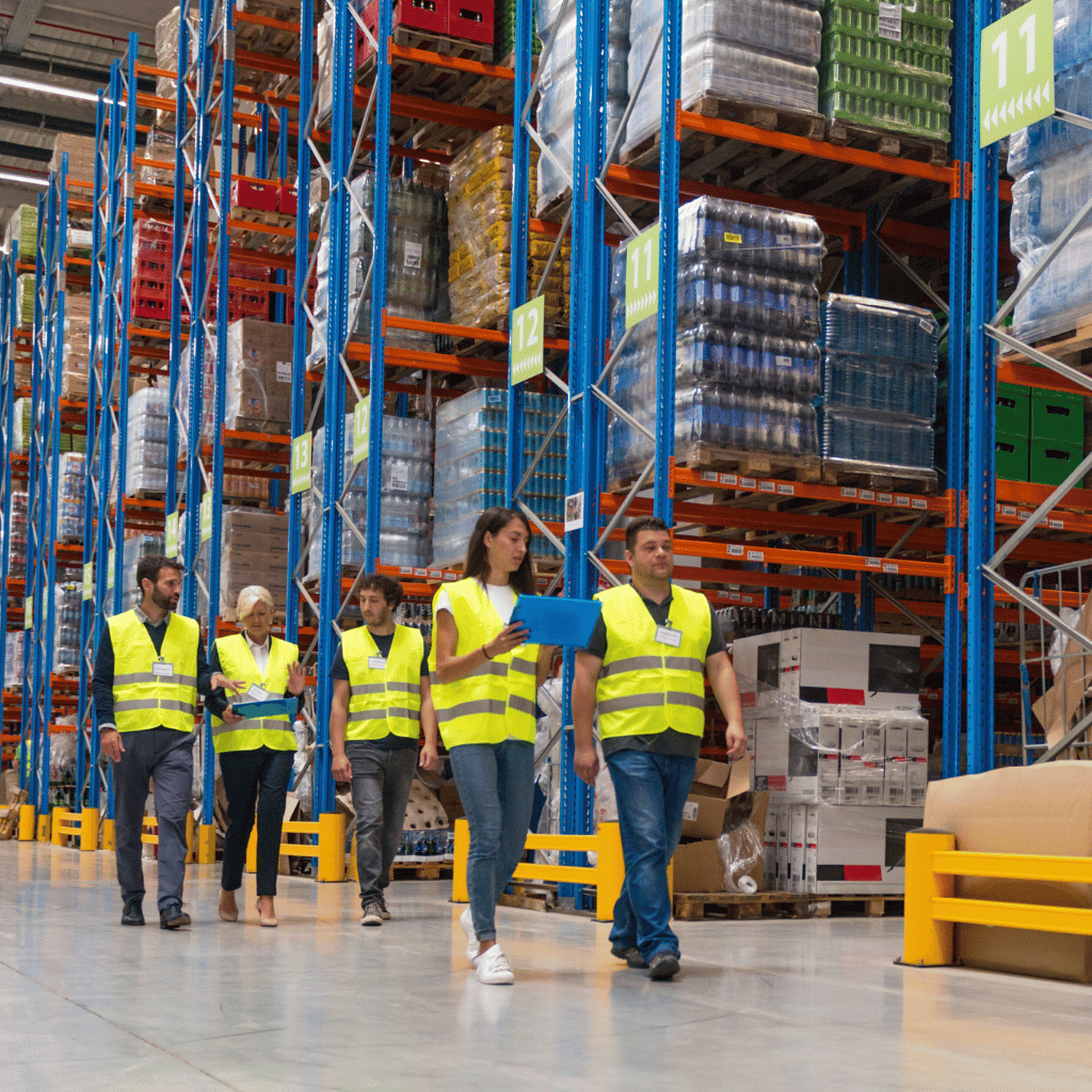 Workers in safety vests walking through a warehouse with tall shelves of stored goods.