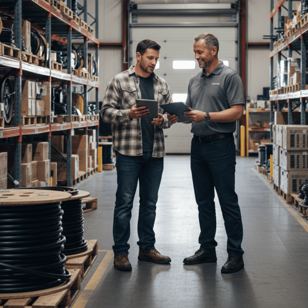 Two men in a warehouse look at tablets. Racks of stored items surround them.