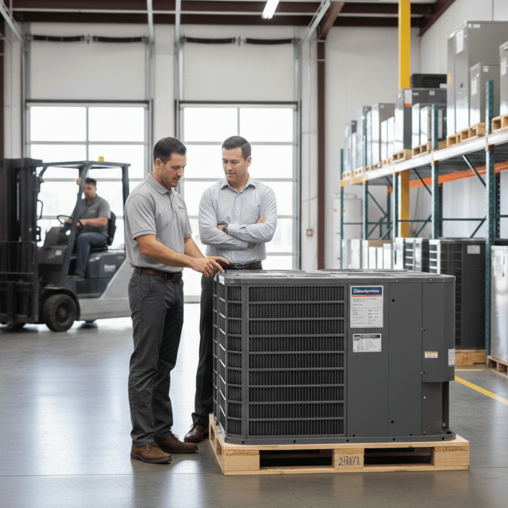 Two men inspecting an air conditioning unit in a warehouse with a forklift in the background.
