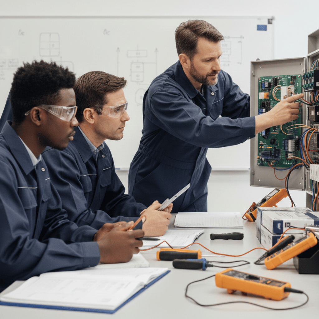 Instructor points at circuit board, teaching two students in blue work suits.