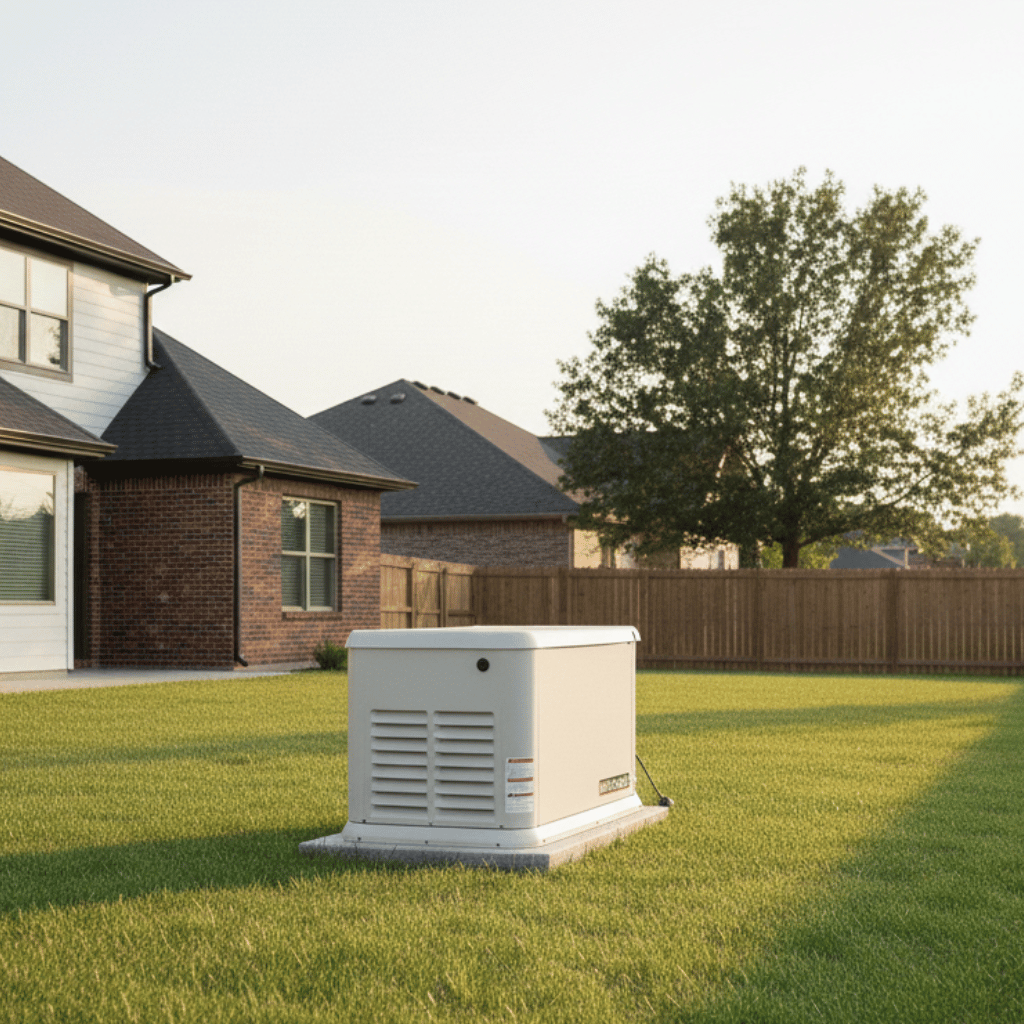 A standby generator on a concrete pad in a residential backyard with a house.