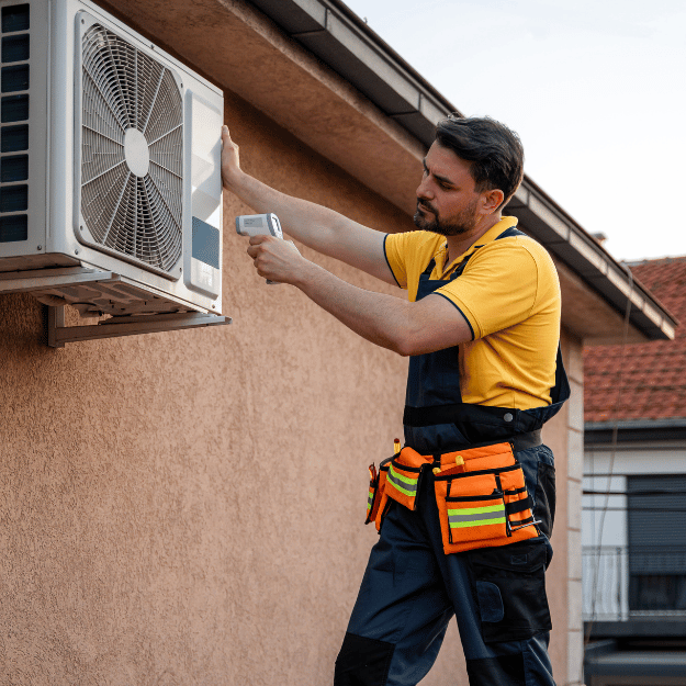 HVAC technician inspecting an air conditioning unit with a tool; outdoors, sunny day.