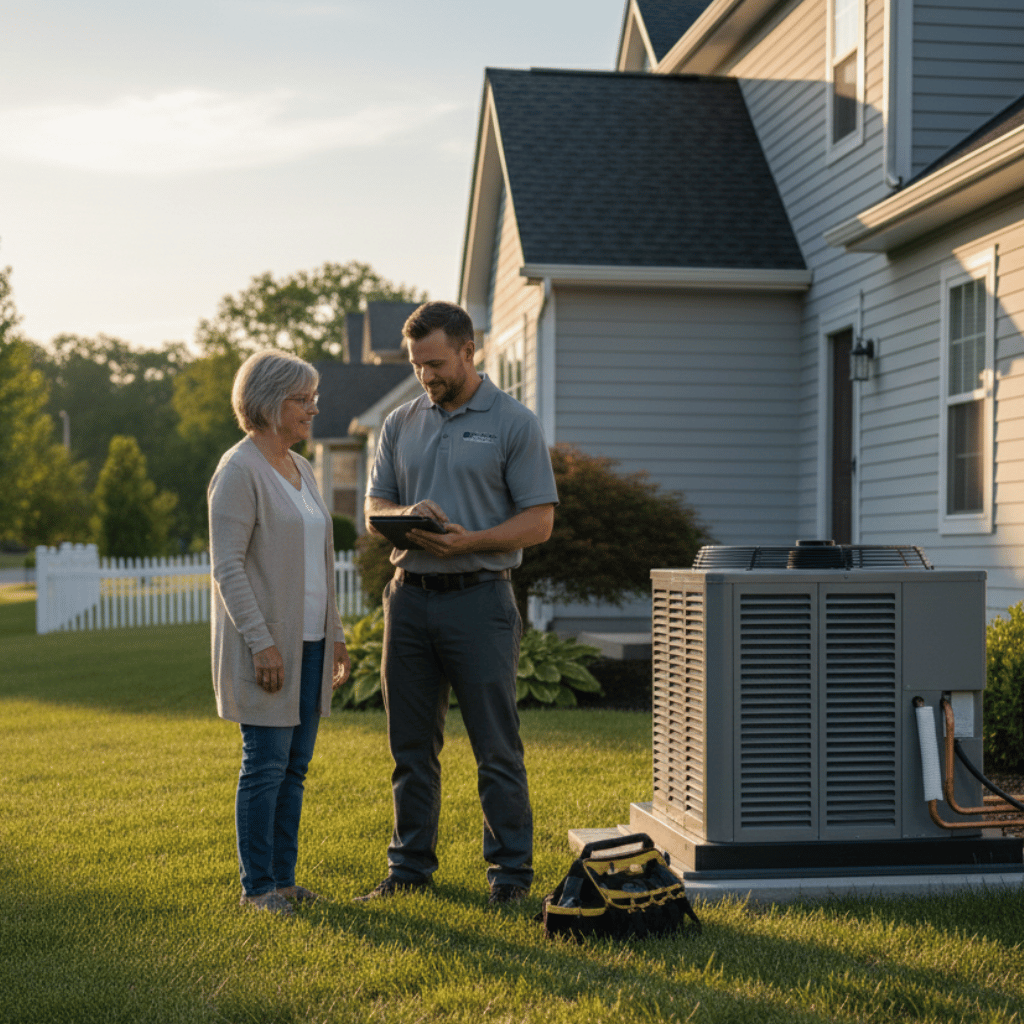 HVAC technician reviewing notes with a homeowner next to an air conditioning unit outside a house.