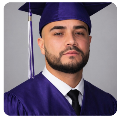 Smiling person in a green graduation cap and gown, against a blurred backdrop.