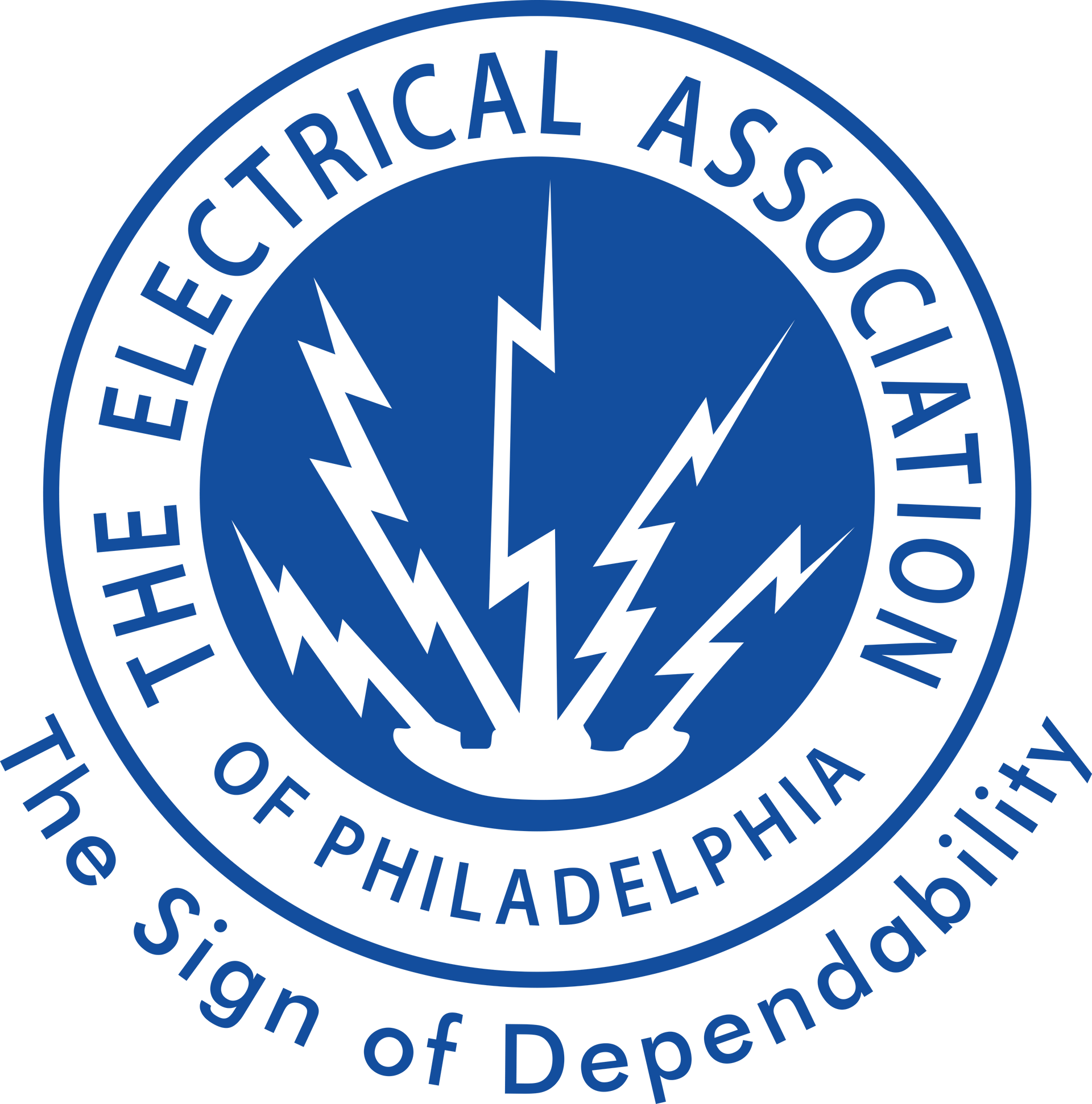The Electrical Association of Philadelphia circular logo with blue lightning bolts and “The Sign of Dependability” text