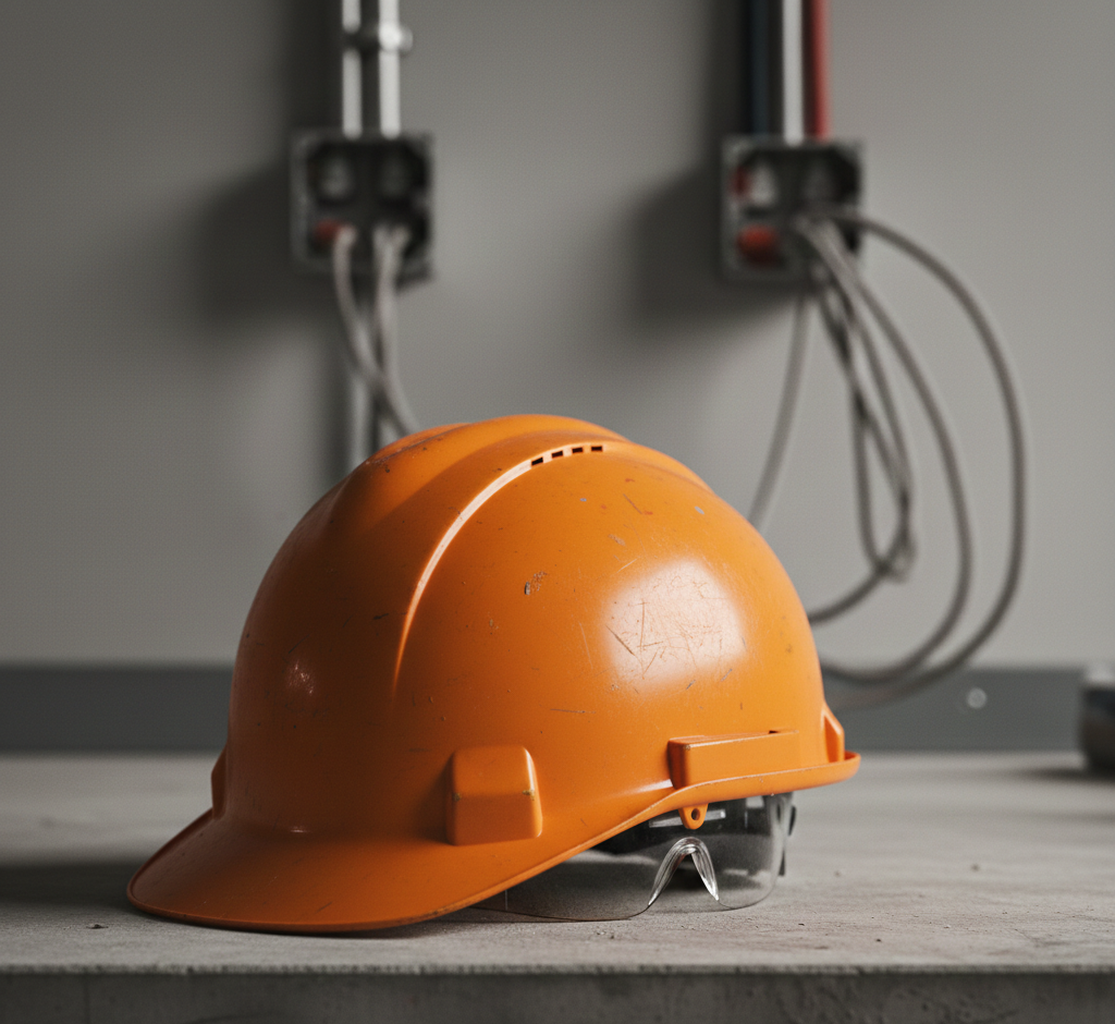 Orange hard hat with safety glasses on a concrete surface, electrical wiring in background.