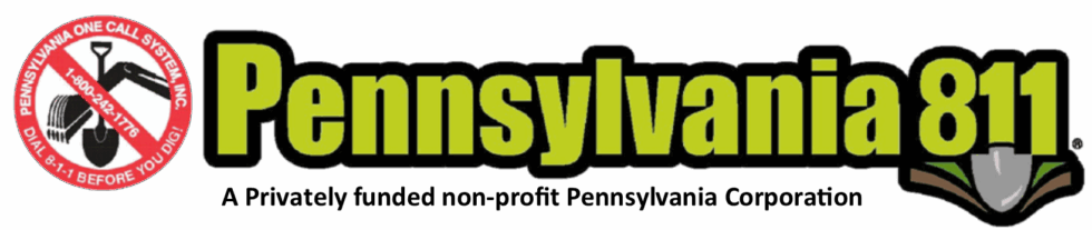 Pennsylvania 811 logo: green text on black outline, with a shovel being crossed out and a spade in dirt.