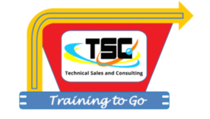 Logo for Technical Sales and Consulting: Red and white sign with yellow arrow,