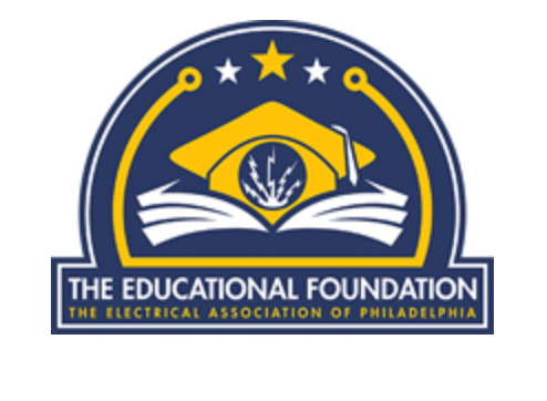 Logo for The Educational Foundation of the Electrical Association of Philadelphia, featuring a graduation cap over an open book with circuit design.