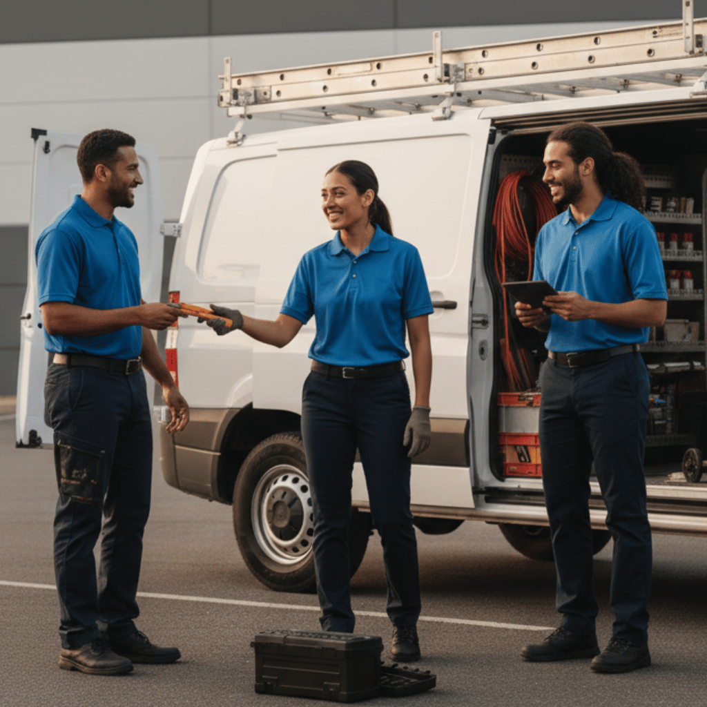 Three technicians in blue shirts and navy pants beside a service van, one handing a tool to another, while the third holds a tablet.