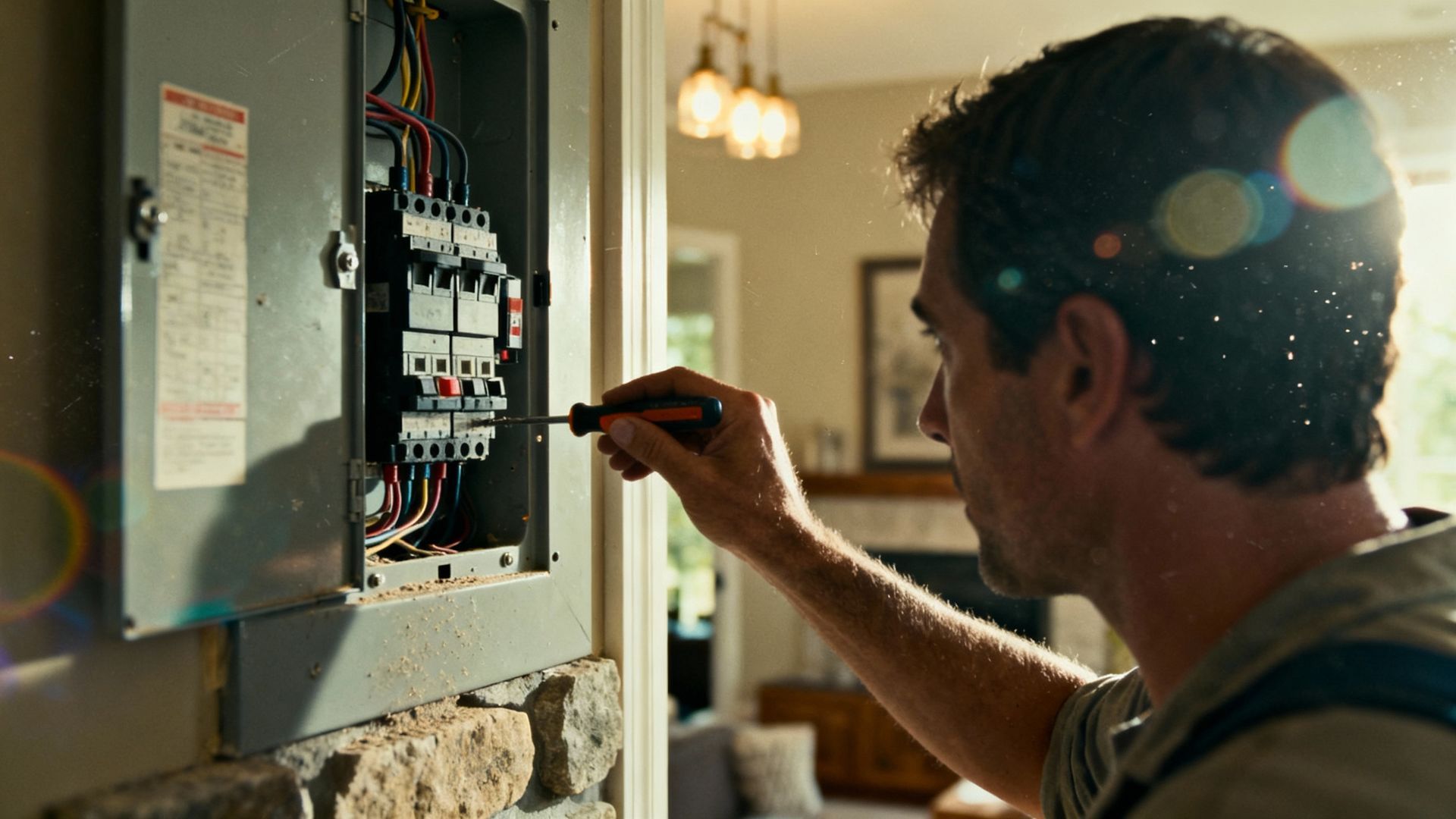Man using a screwdriver on an electrical panel. Interior shot, sunlight, neutral colors.