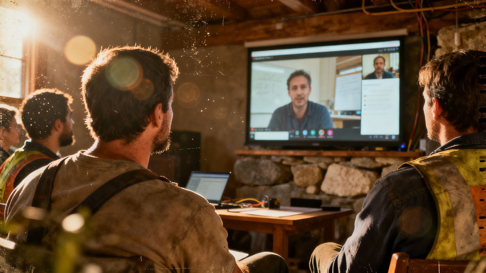 Construction workers in a rustic room on a video call with a man on a screen; sunlight streams in.