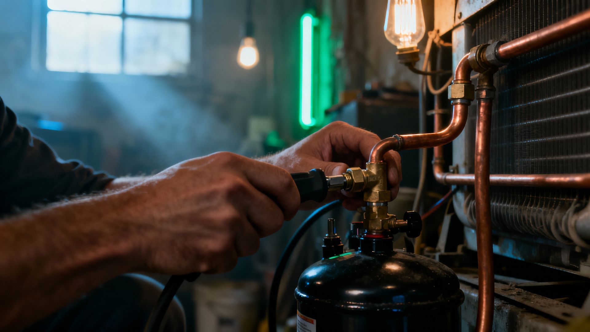 Hands connecting a hose to a copper pipe system, possibly for HVAC repair, in a workshop setting.