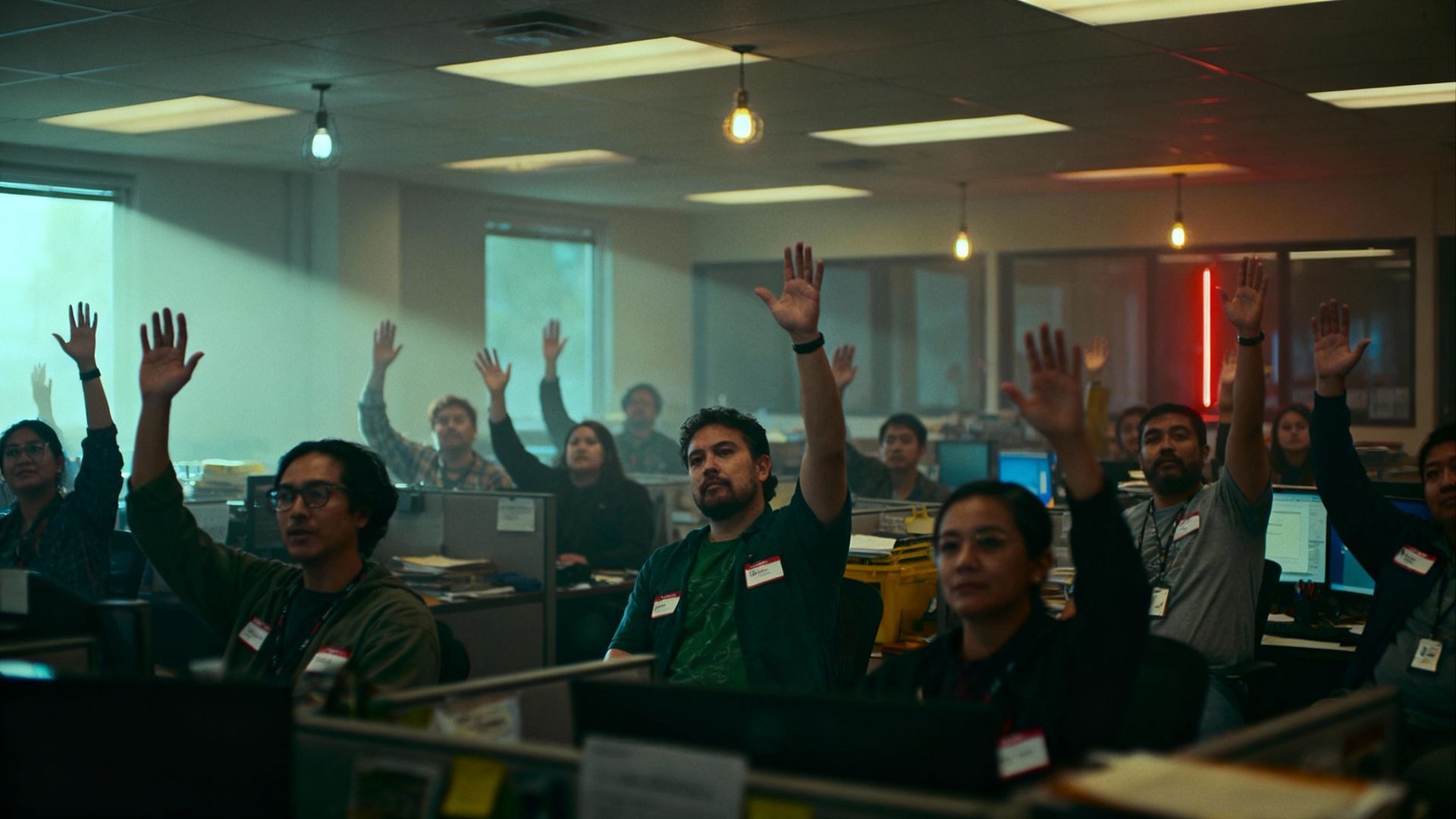 People in a dim office raise their hands. Desks with computers, a few windows, and overhead lights are visible.