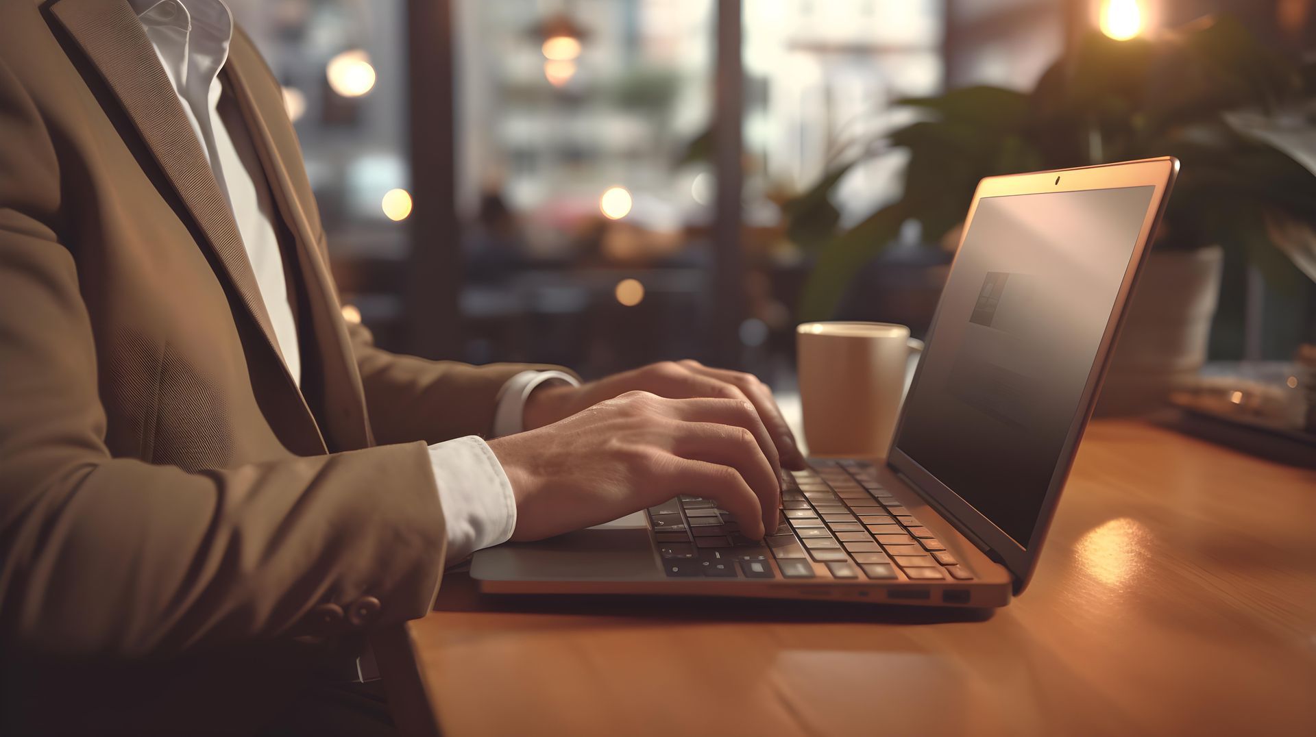 A man in a suit is typing on a laptop computer.
