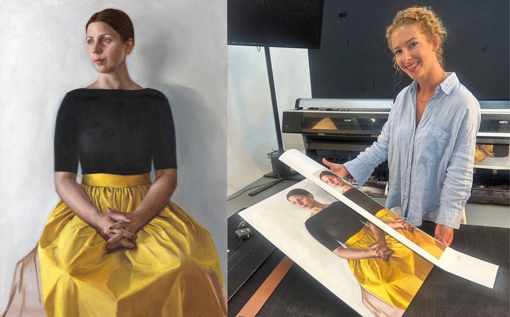 Twee naast elkaar geplaatste studiofoto's van een zittend model in een zwarte top en een gele rok, met een voorbeeld van de afdruk.