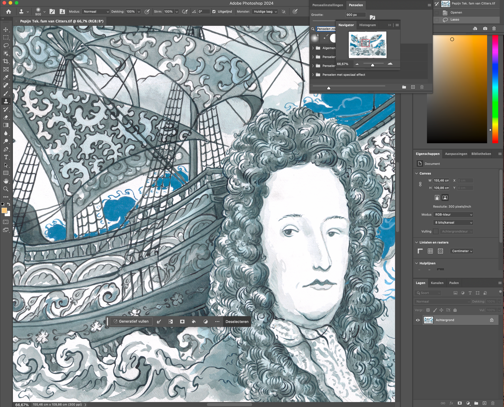 Digitaal bewerkingsscherm voor kunst met een gedetailleerde grijsblauwe illustratie van een sierlijk gezicht en wervelende patronen.