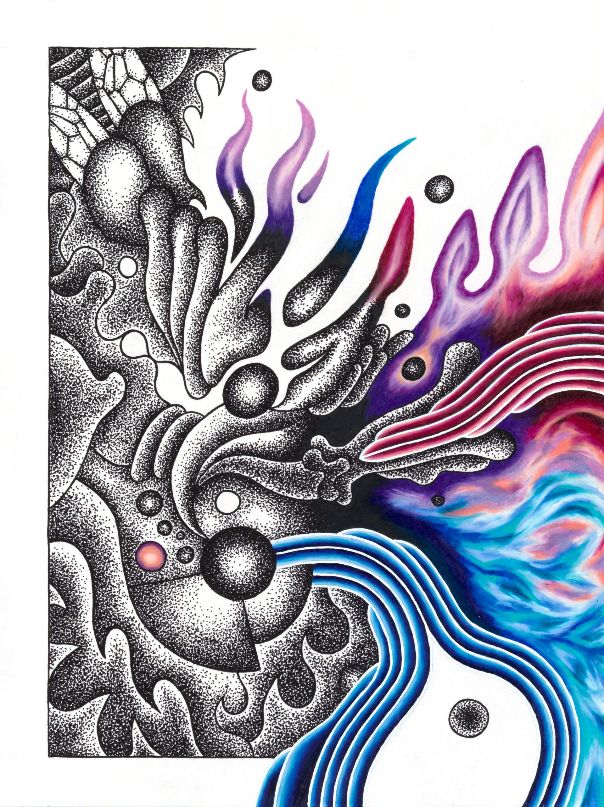 Abstract zwart-wit gezicht met kleurrijke paarse, roze en blauwe vlammen aan de rechterkant.
