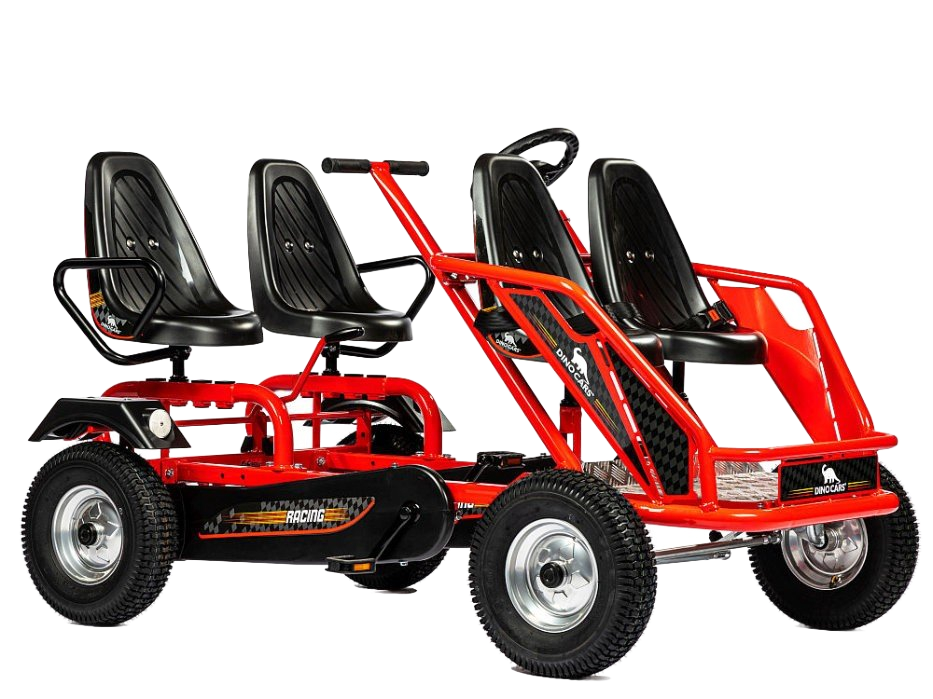 Red four-seat dune buggy with black seats and roll cage on white background