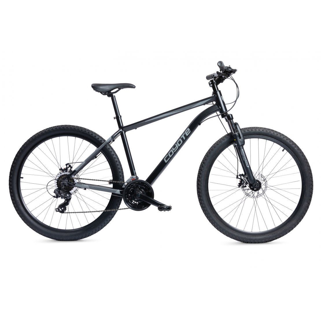 A black mountain bike with a disc brake on a white background.