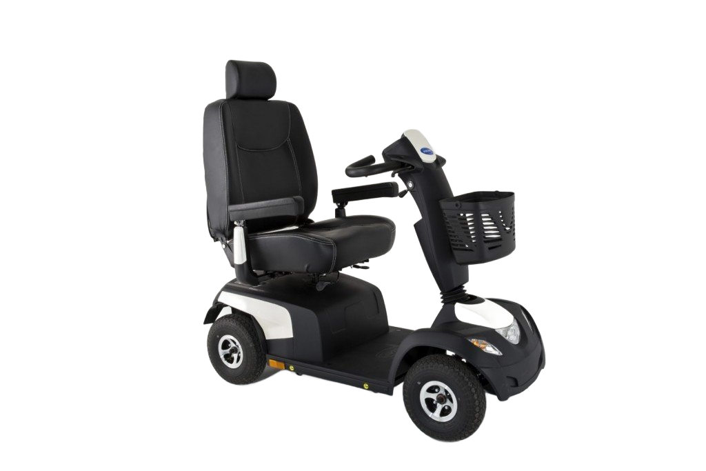 Black mobility scooter with seat, basket, and four wheels on a white background