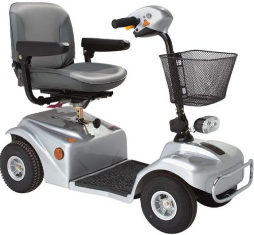 Gray four-wheel mobility scooter with seat, handlebars, and front basket on white background