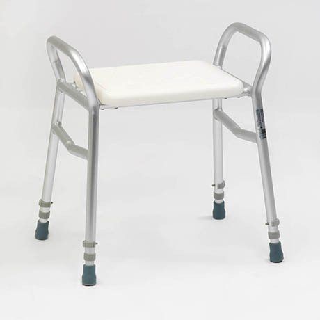 White folding walker stool with padded seat and gray handles on a plain background