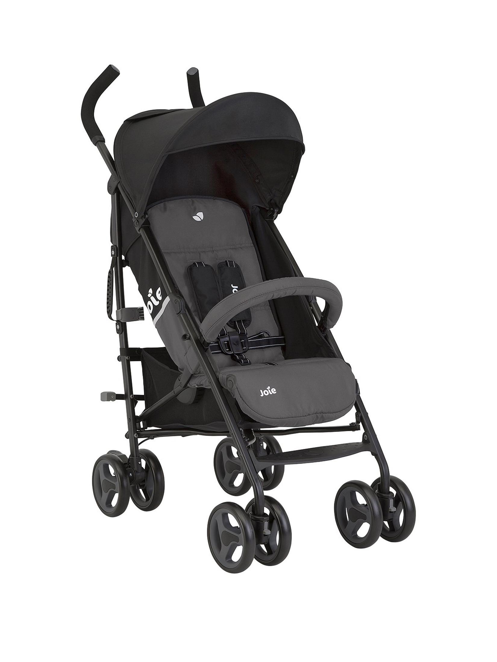 Black stroller with canopy and four wheels, shown in a side view.