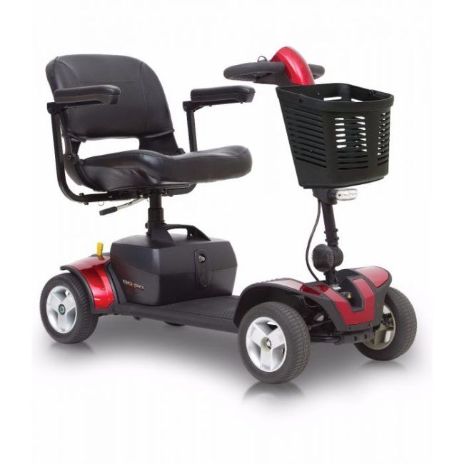Red four-wheeled mobility scooter with black seat and front basket on a white background