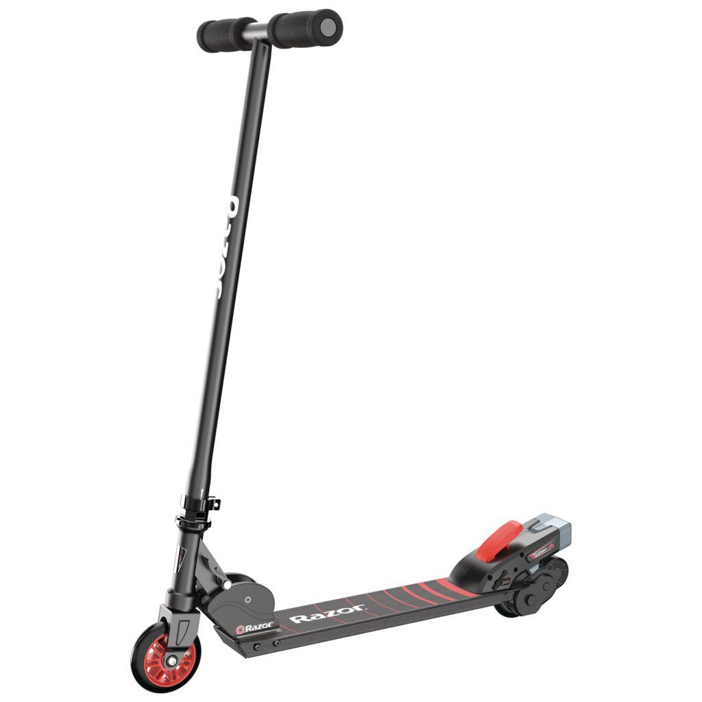 A black and red razor scooter on a white background.