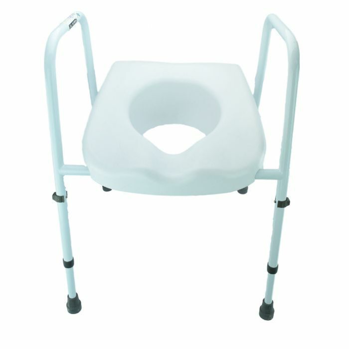 Light blue portable toilet seat frame with armrests and adjustable legs on white background