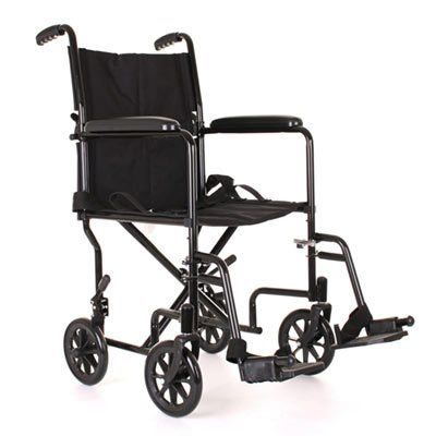 Black wheelchair with leg rests and small front wheelchair attachment on white background