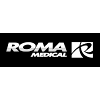 A black and white logo for roma medical on a black background.
