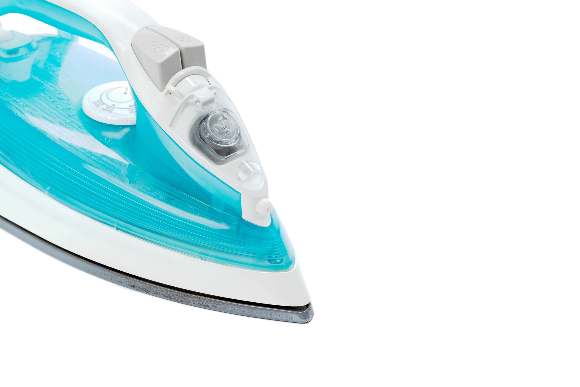 Blue and white steam iron with pointed soleplate on a white background