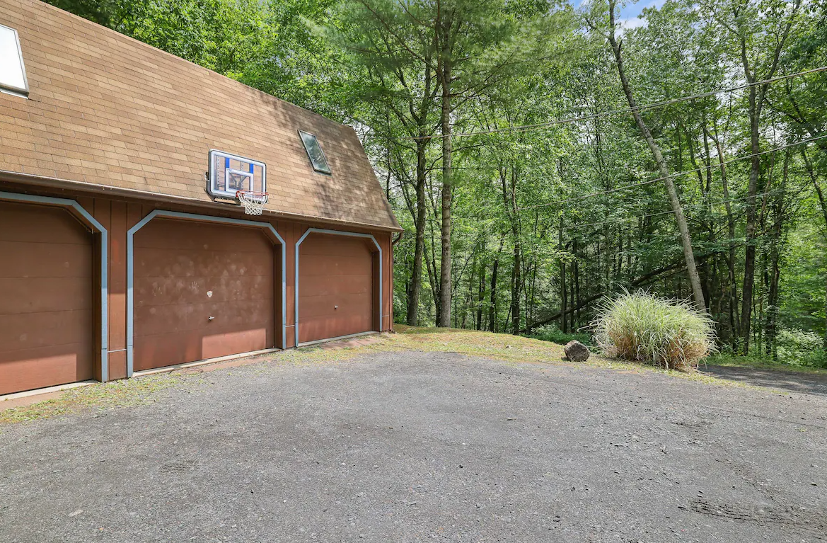 A garage with a basketball hoop on the roof is surrounded by trees.